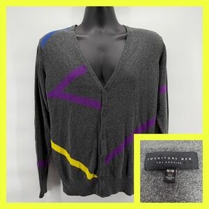 21MEN Geometric Cardigan Sweater Mens Medium Retro 80s Style Gray Purple Knit